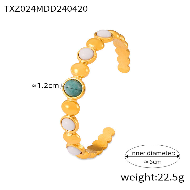 Wholesale Geometric inlaid natural stone stitching round beads titanium steel jewelry set